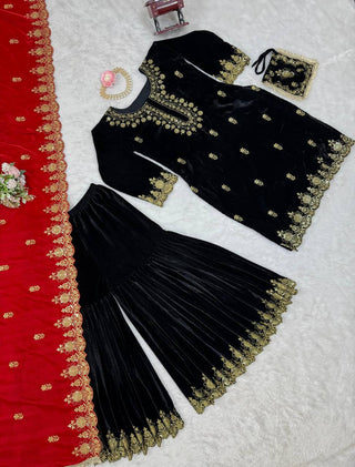 Black Elegant Viscose Velvet Embroidered Sharara Set ClothsVilla