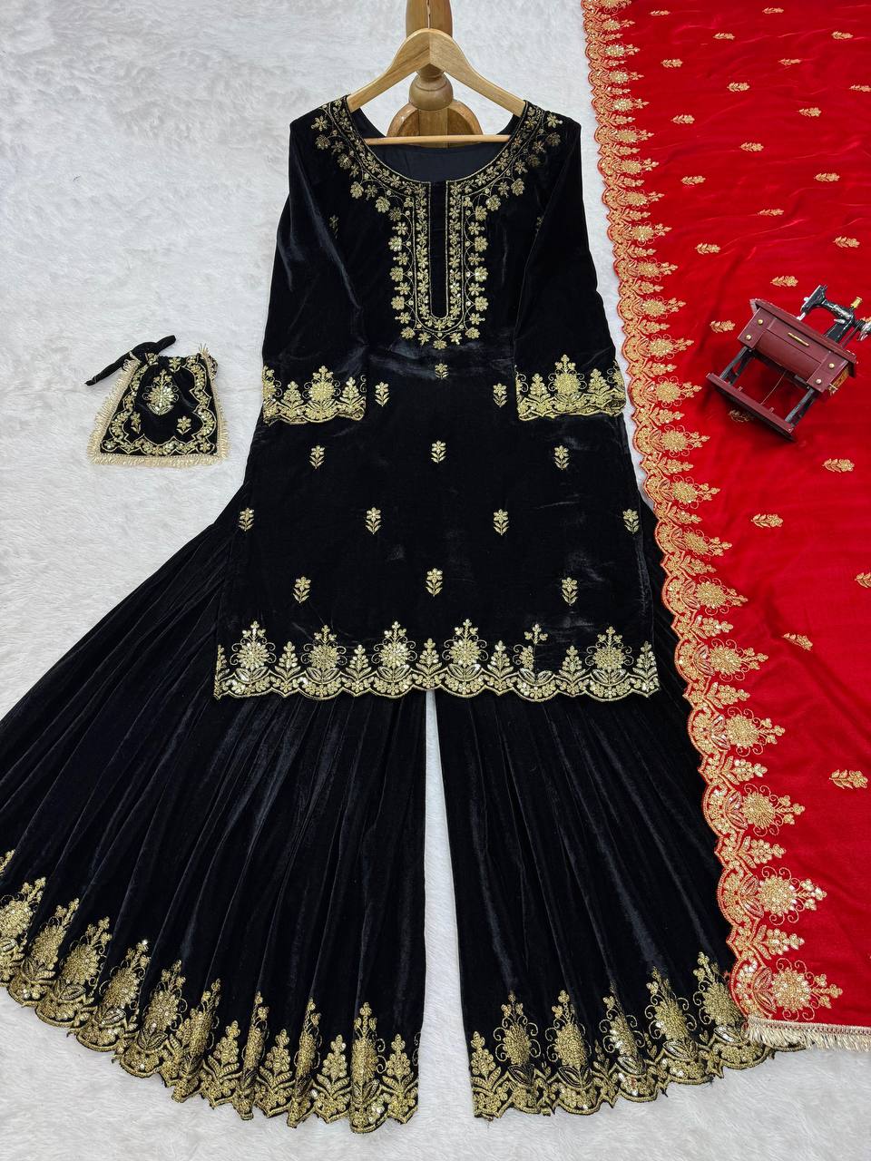 Black Elegant Viscose Velvet Embroidered Sharara Set ClothsVilla