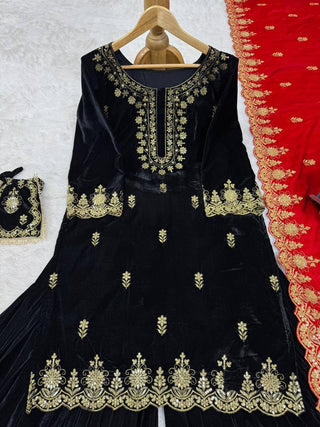 Black Elegant Viscose Velvet Embroidered Sharara Set ClothsVilla