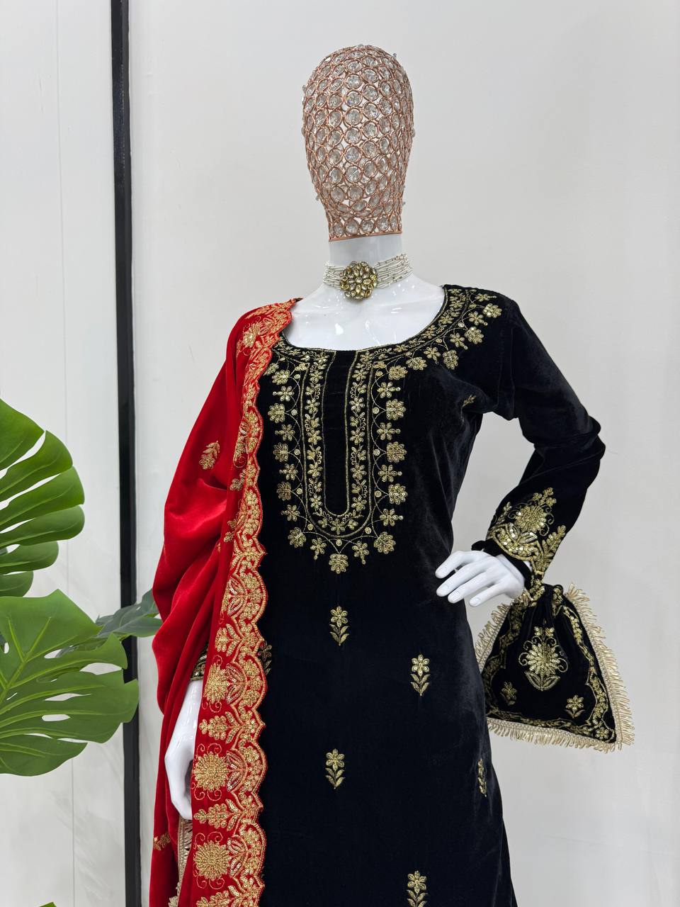 Black Elegant Viscose Velvet Embroidered Sharara Set ClothsVilla