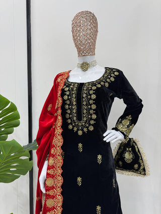Black Elegant Viscose Velvet Embroidered Sharara Set ClothsVilla