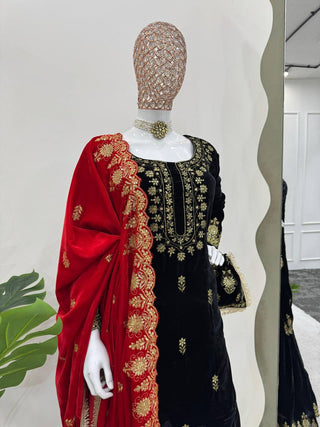 Black Elegant Viscose Velvet Embroidered Sharara Set ClothsVilla