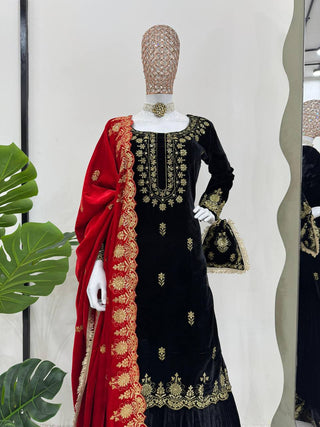 Black Elegant Viscose Velvet Embroidered Sharara Set ClothsVilla