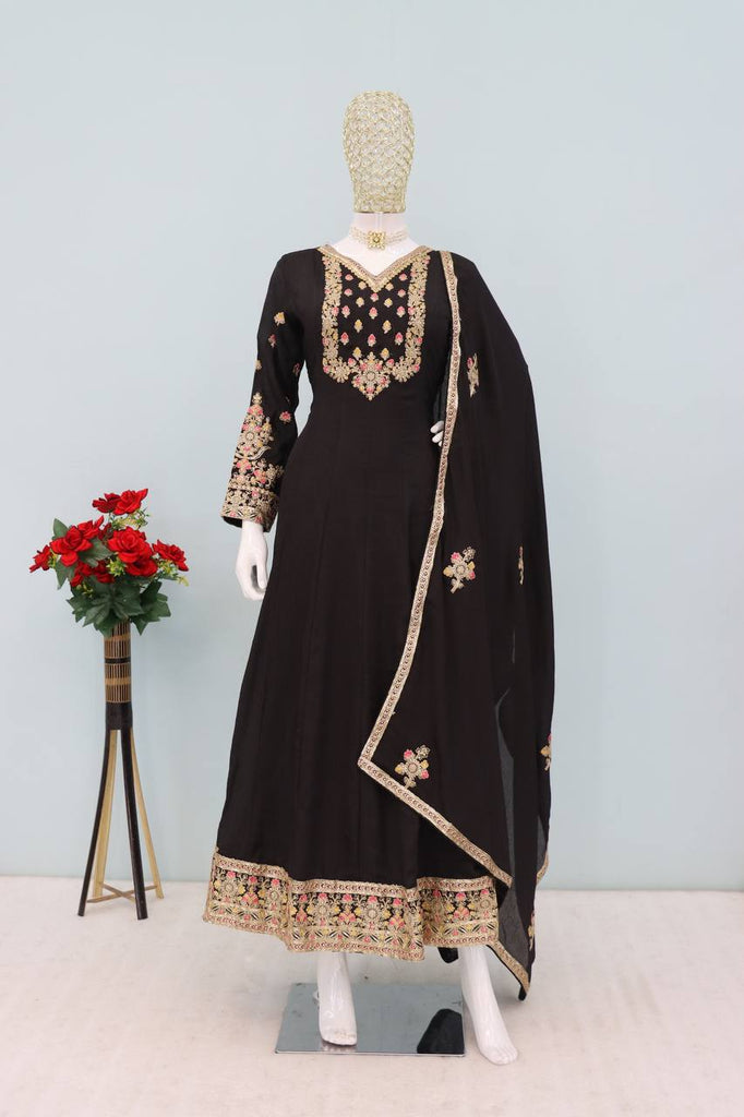 Black Embroidered Chinon Gown with Dupatta – Fully Stitched ClothsVilla