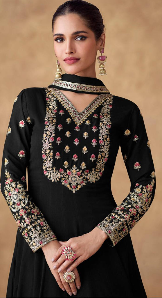 Black Embroidered Chinon Gown with Dupatta – Fully Stitched ClothsVilla