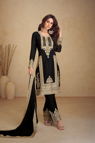 Black Embroidered Chinon Kurta Palazzo Set with Lace Dupatta – Elegant Stitched Ensemble ClothsVilla