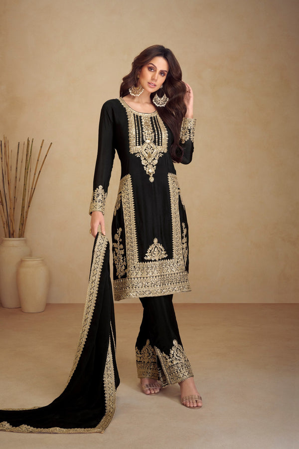 Black Embroidered Chinon Kurta Palazzo Set with Lace Dupatta – Elegant Stitched Ensemble ClothsVilla