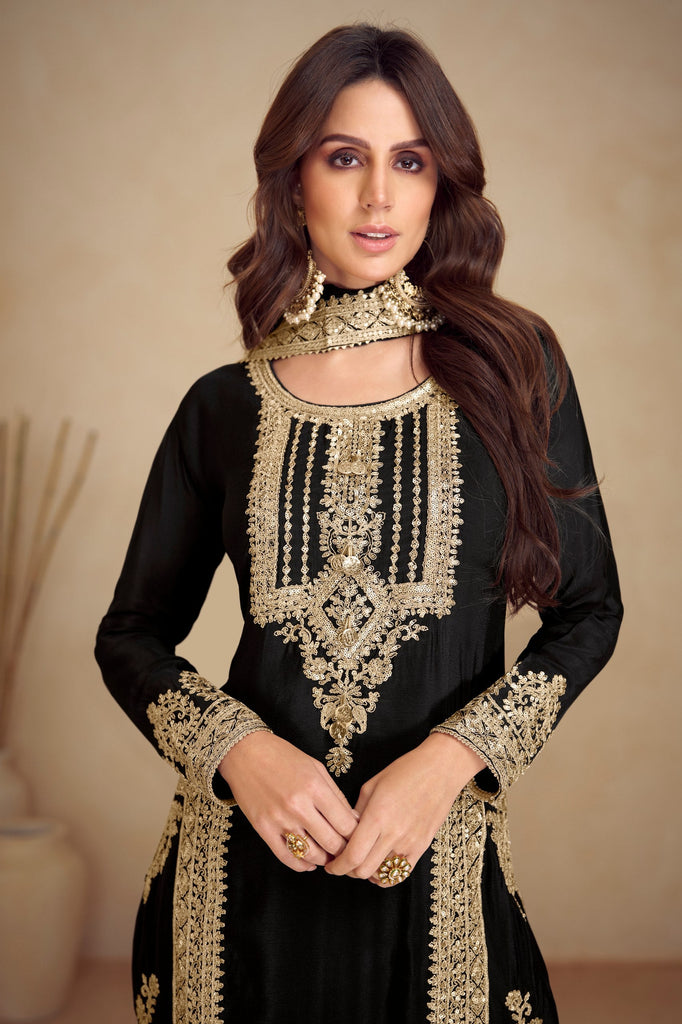 Black Embroidered Chinon Kurta Palazzo Set with Lace Dupatta – Elegant Stitched Ensemble ClothsVilla