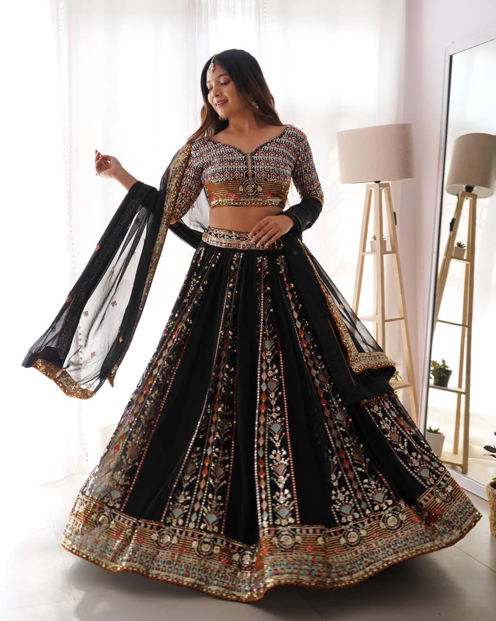 Black Embroidered Faux Georgette Lehenga Choli Set with Sequin Detailing & Dupatta ClothsVilla Main image