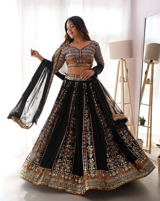 Black Embroidered Faux Georgette Lehenga Choli Set with Sequin Detailing & Dupatta ClothsVilla
