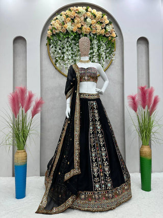 Black Embroidered Faux Georgette Lehenga Choli Set with Sequin Detailing & Dupatta ClothsVilla