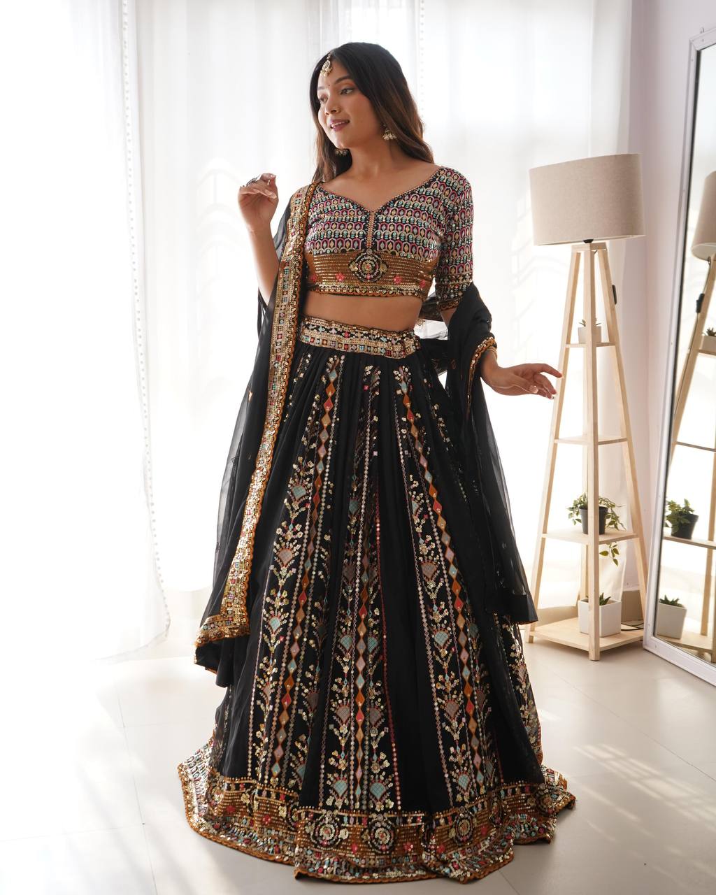 Black Embroidered Faux Georgette Lehenga Choli Set with Sequin Detailing & Dupatta ClothsVilla
