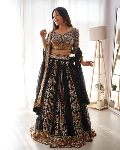 Black Embroidered Faux Georgette Lehenga Choli Set with Sequin Detailing & Dupatta ClothsVilla