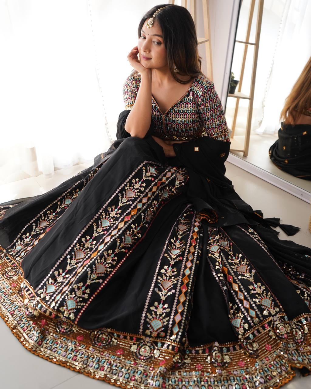 Black Embroidered Faux Georgette Lehenga Choli Set with Sequin Detailing & Dupatta ClothsVilla