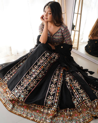 Black Embroidered Faux Georgette Lehenga Choli Set with Sequin Detailing & Dupatta ClothsVilla