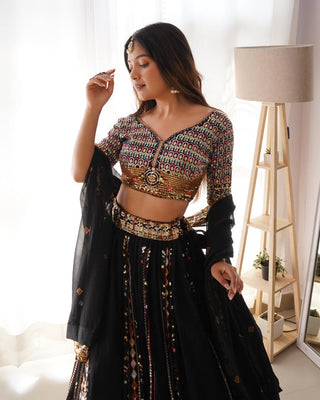 Black Embroidered Faux Georgette Lehenga Choli Set with Sequin Detailing & Dupatta ClothsVilla