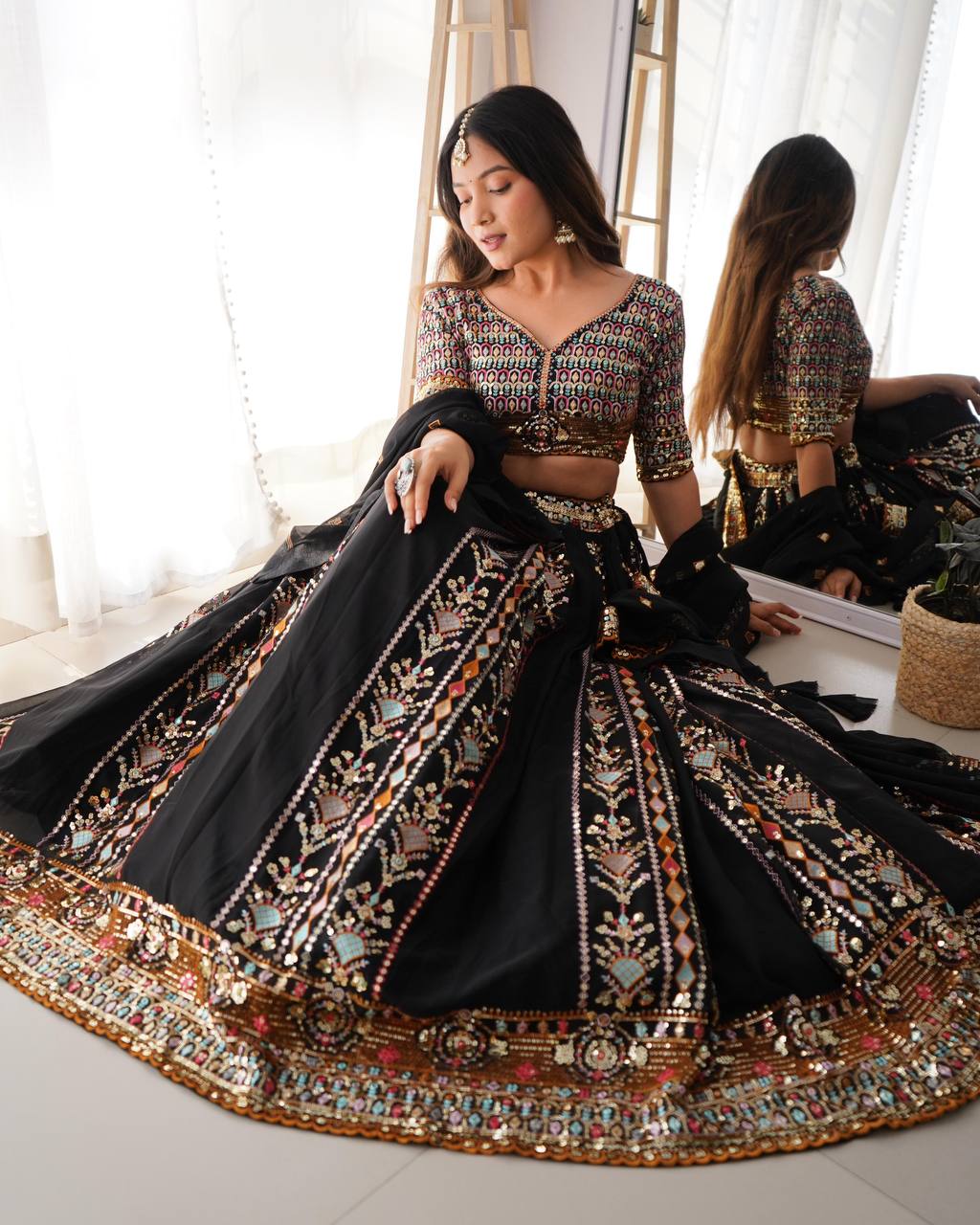 Black Embroidered Faux Georgette Lehenga Choli Set with Sequin Detailing & Dupatta ClothsVilla