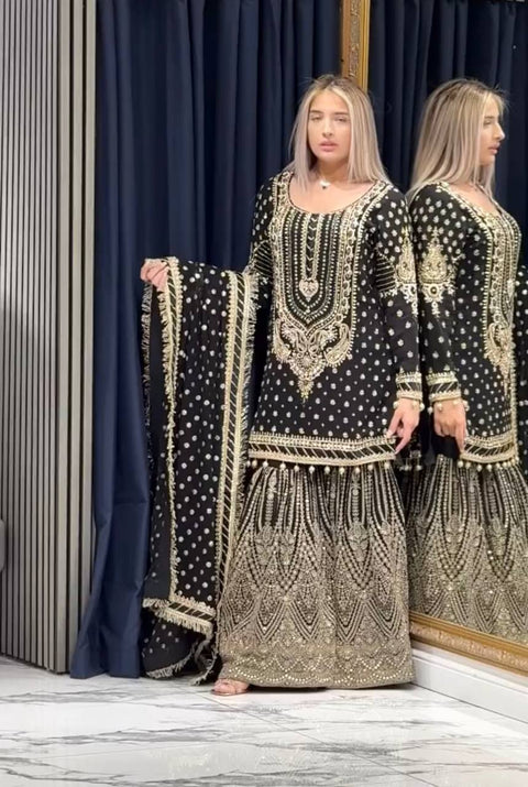 Black Embroidered Faux Georgette Plazzo Set with Sequins Work & Lace Dupatta ClothsVilla Main image