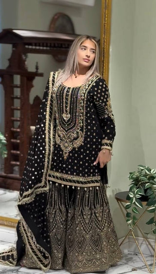 Black Embroidered Faux Georgette Plazzo Set with Sequins Work & Lace Dupatta ClothsVilla