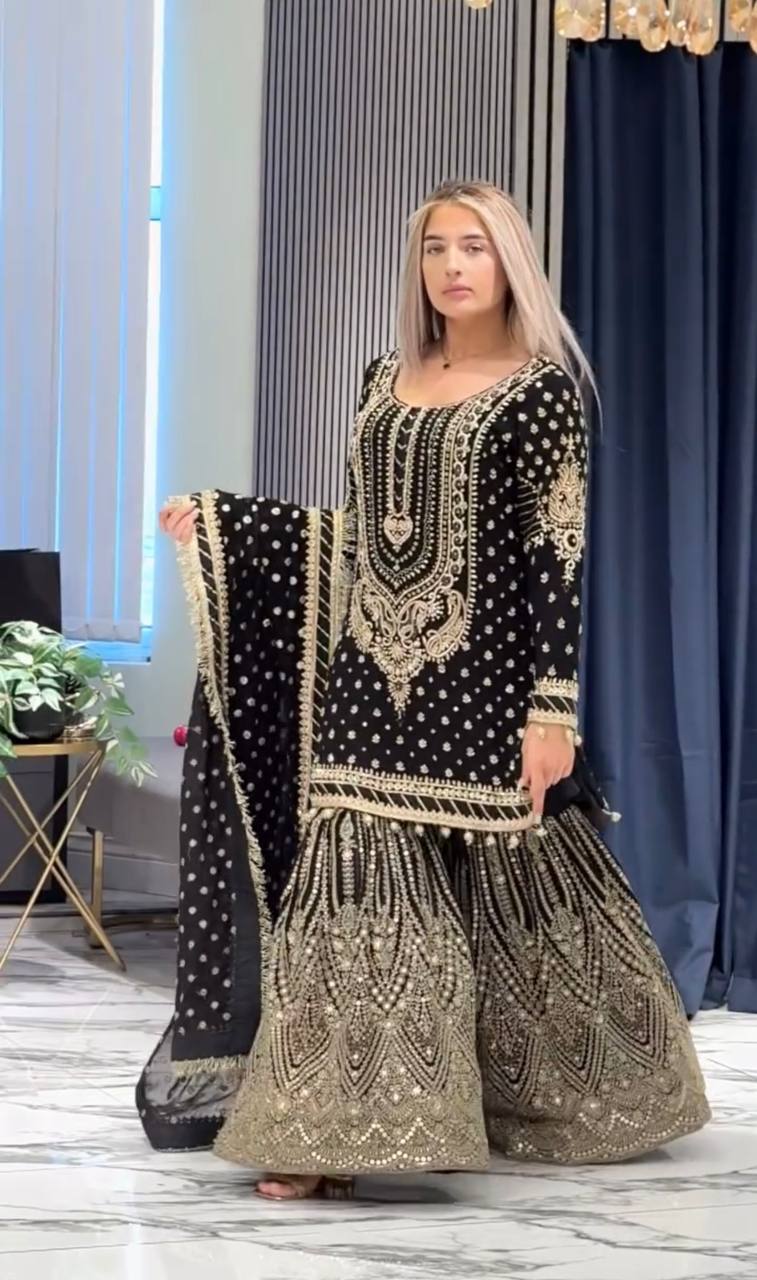 Black Embroidered Faux Georgette Plazzo Set with Sequins Work & Lace Dupatta ClothsVilla