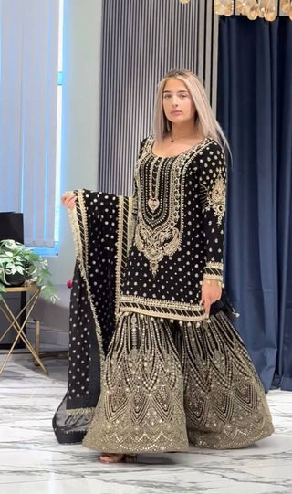 Black Embroidered Faux Georgette Plazzo Set with Sequins Work & Lace Dupatta ClothsVilla