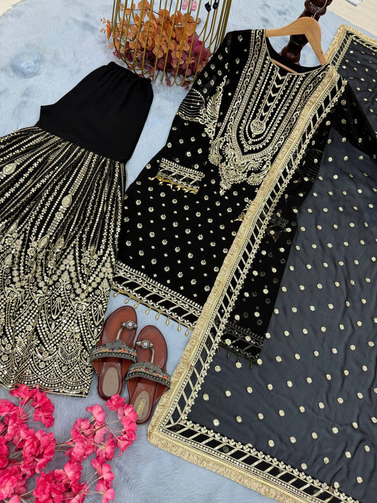 Black Embroidered Faux Georgette Plazzo Set with Sequins Work & Lace Dupatta ClothsVilla