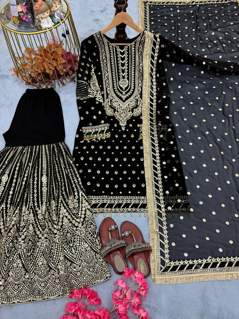 Black Embroidered Faux Georgette Plazzo Set with Sequins Work & Lace Dupatta ClothsVilla