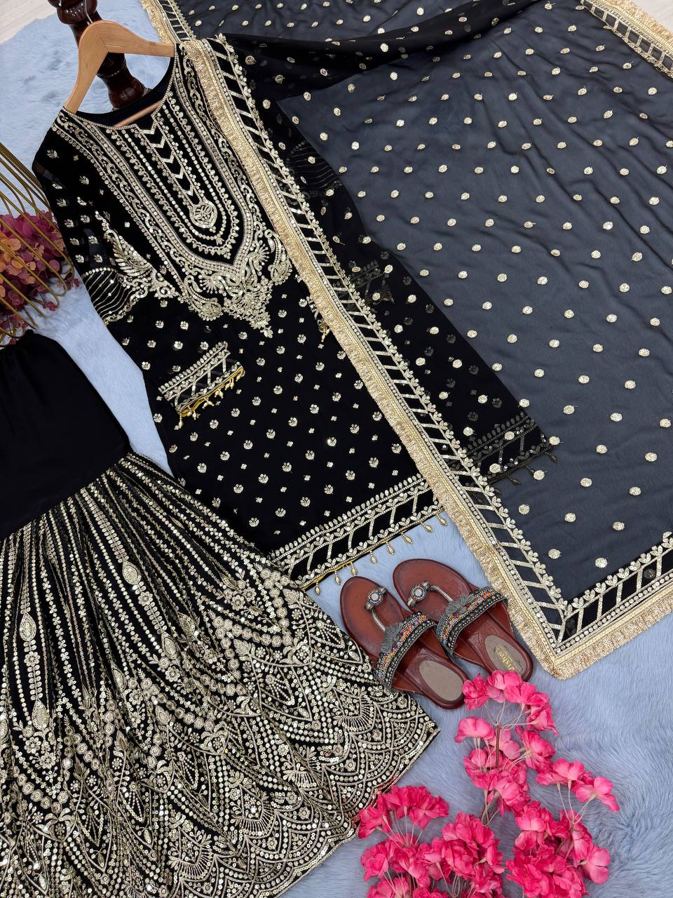 Black Embroidered Faux Georgette Plazzo Set with Sequins Work & Lace Dupatta ClothsVilla