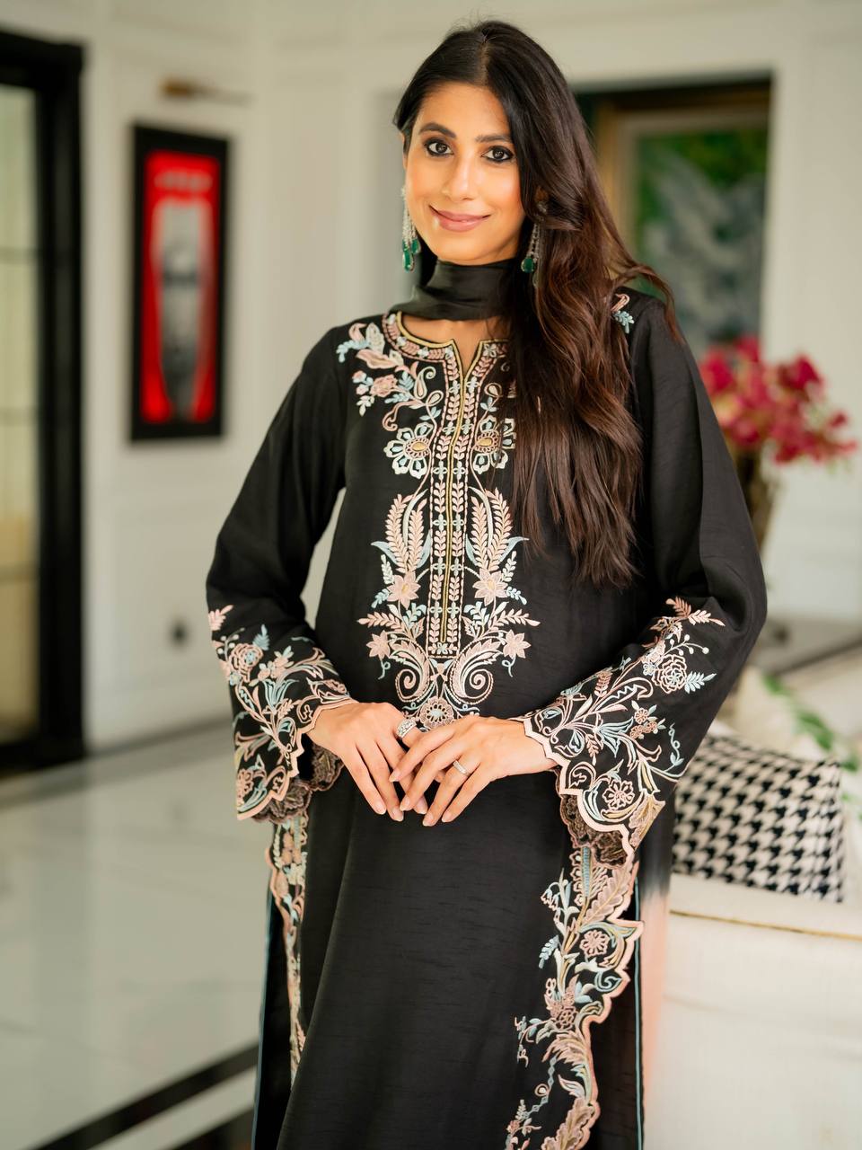 Black Embroidered Kaftan Suit ClothsVilla