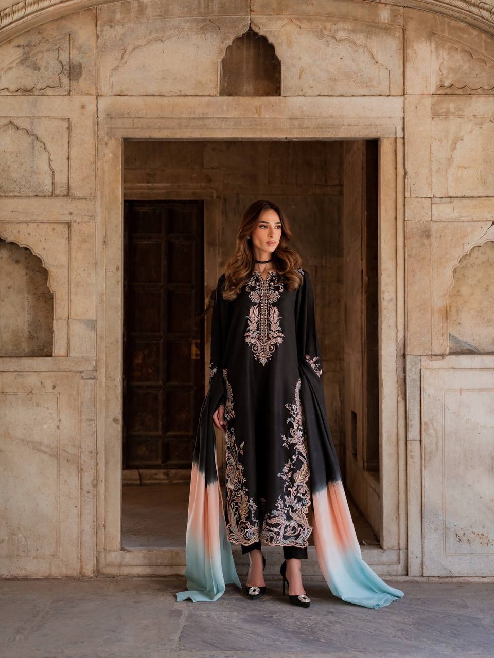 Black Embroidered Kaftan Suit ClothsVilla
