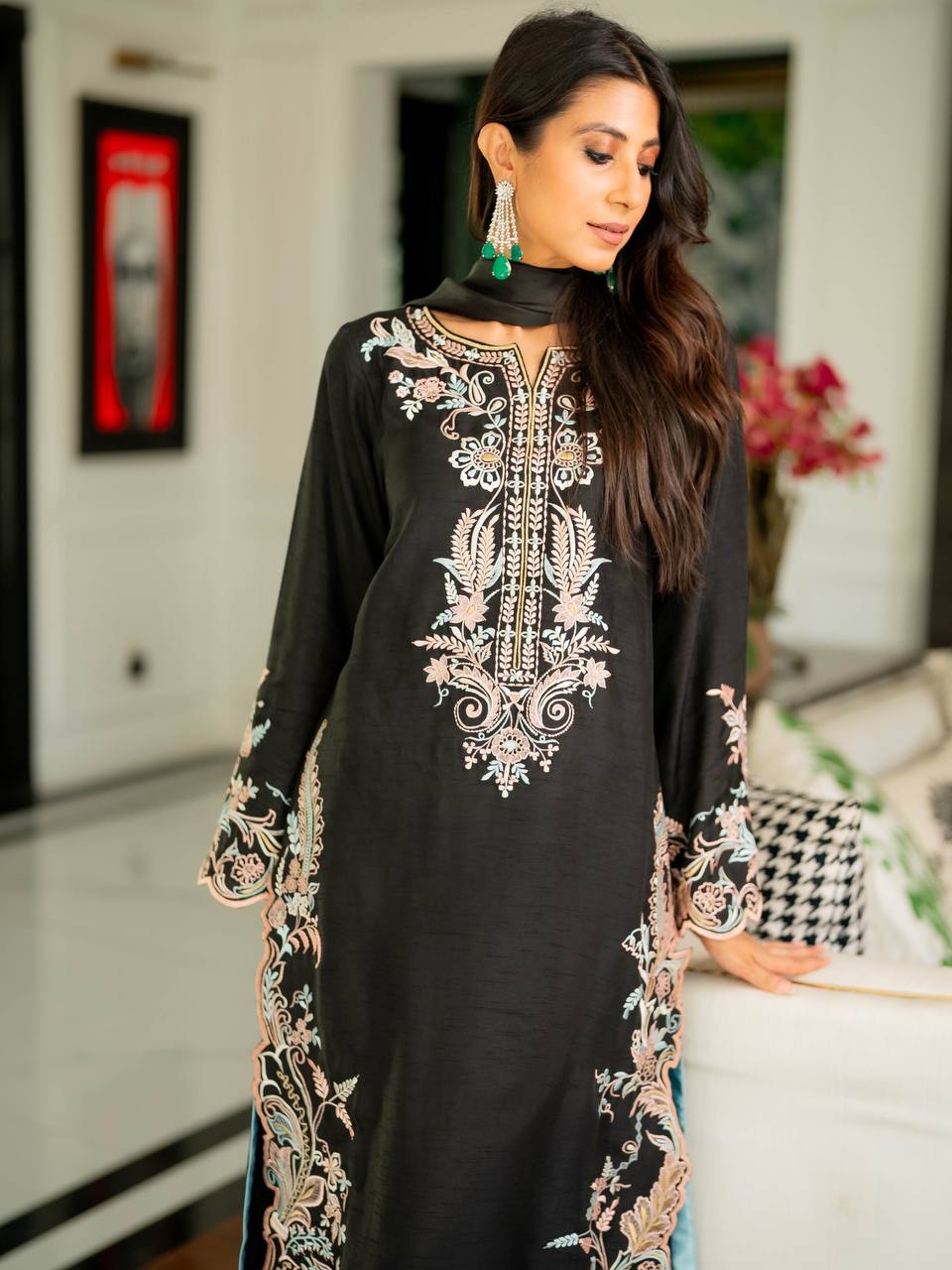 Black Embroidered Kaftan Suit ClothsVilla
