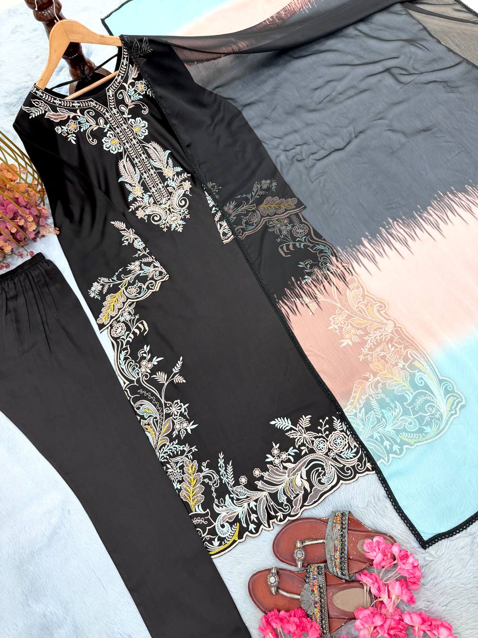 Black Embroidered Kaftan Suit ClothsVilla