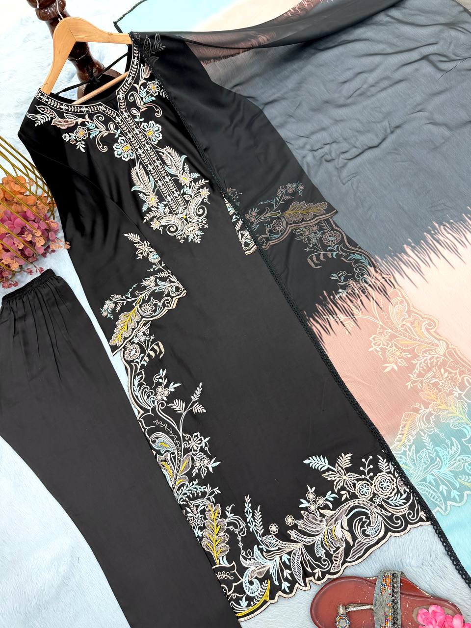 Black Embroidered Kaftan Suit ClothsVilla