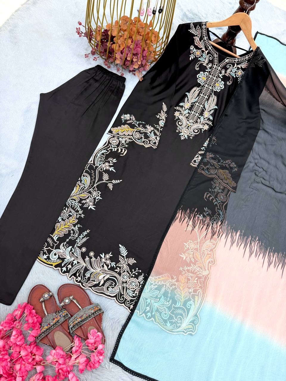 Black Embroidered Kaftan Suit ClothsVilla