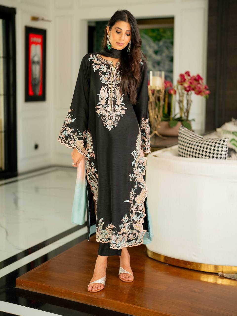 Black Embroidered Kaftan Suit ClothsVilla