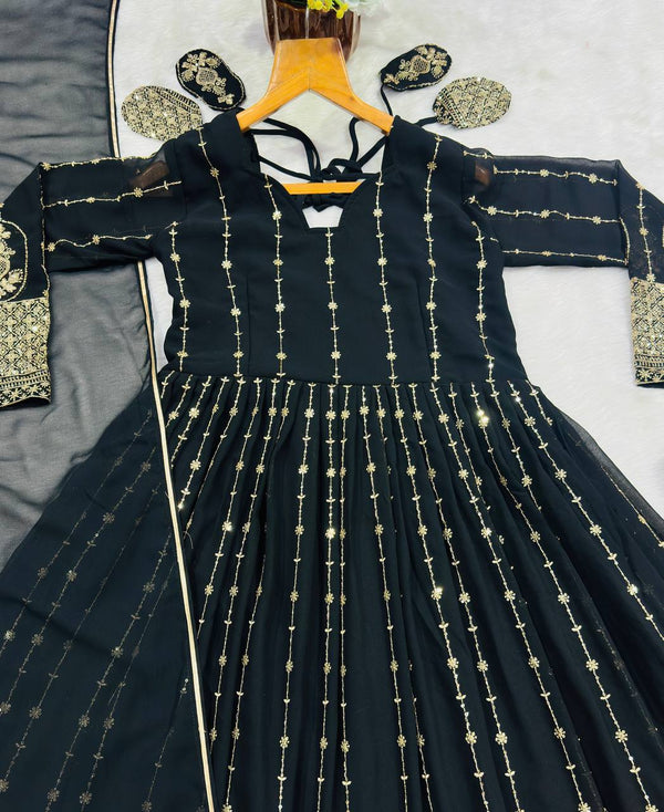 Black Embroidered Kali Cut Gown ClothsVilla