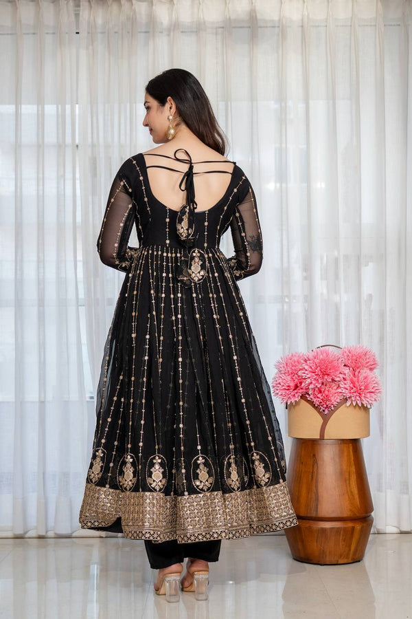 Black Embroidered Kali Cut Gown ClothsVilla