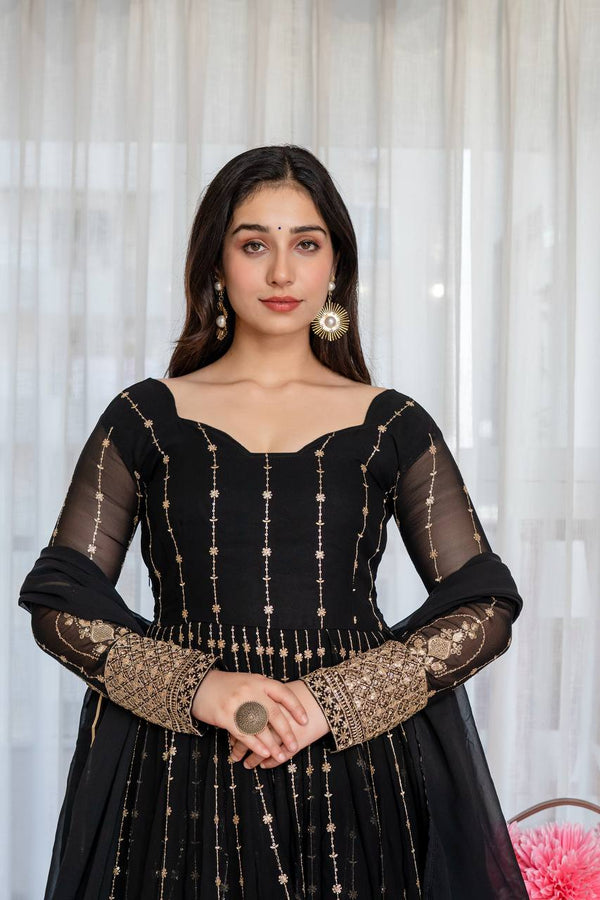 Black Embroidered Kali Cut Gown ClothsVilla