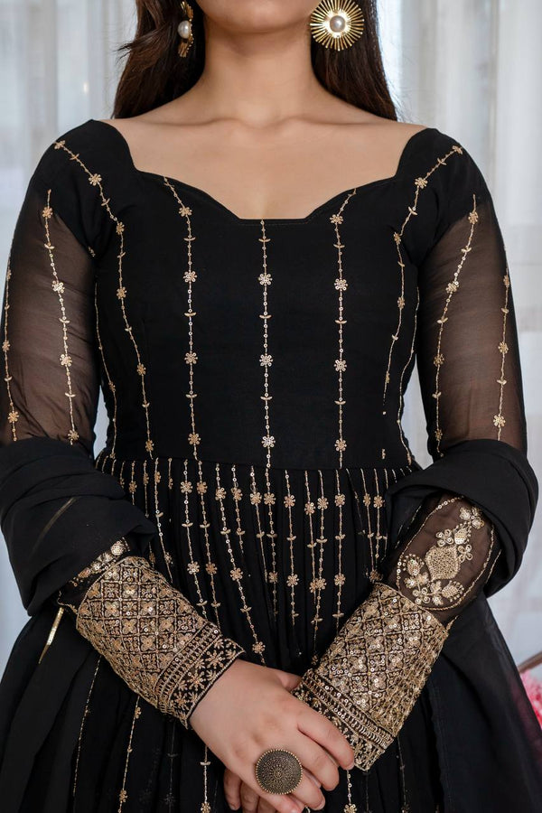 Black Embroidered Kali Cut Gown ClothsVilla