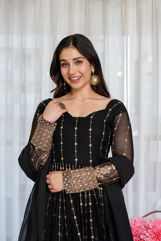 Black Embroidered Kali Cut Gown ClothsVilla