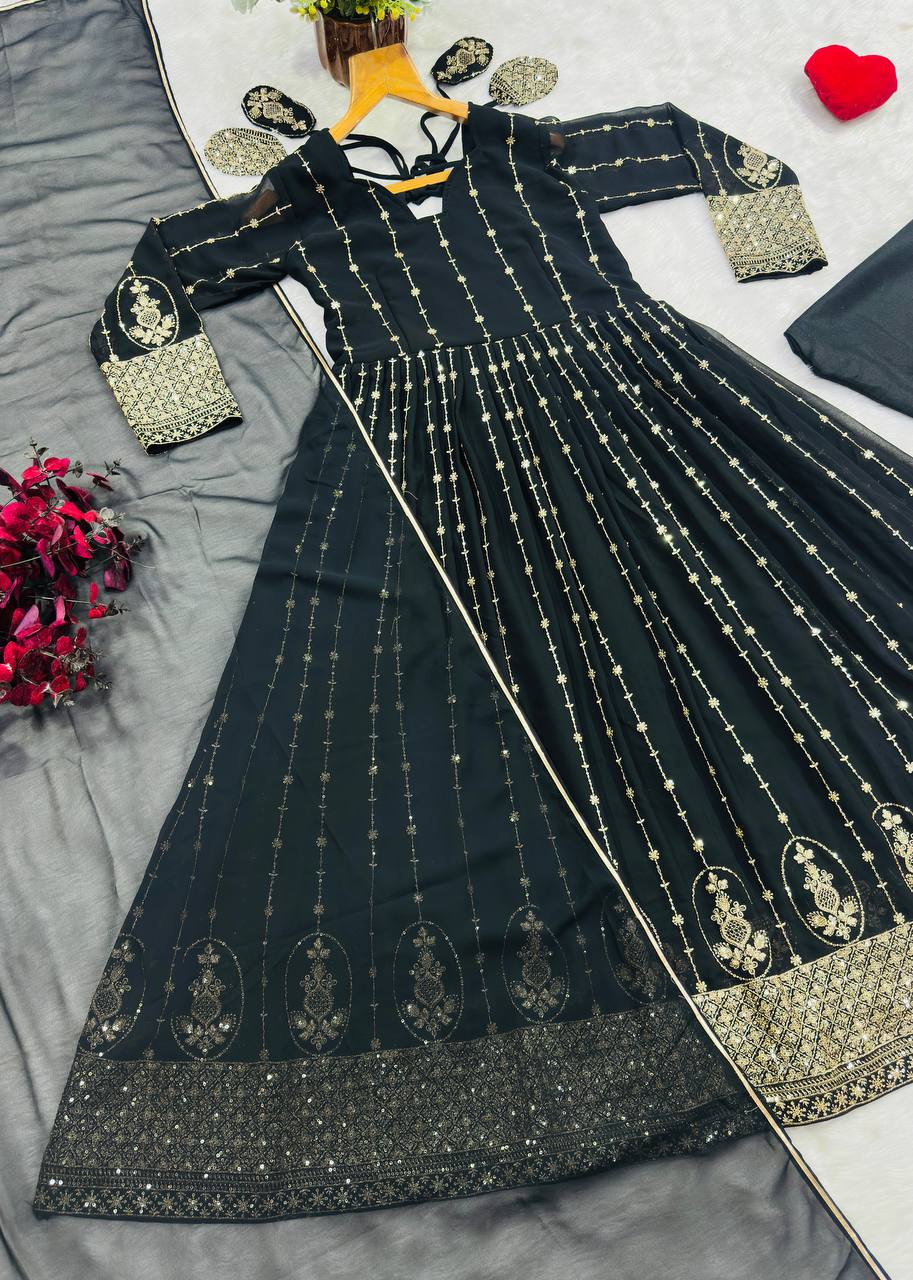 Black Embroidered Kali Cut Gown ClothsVilla