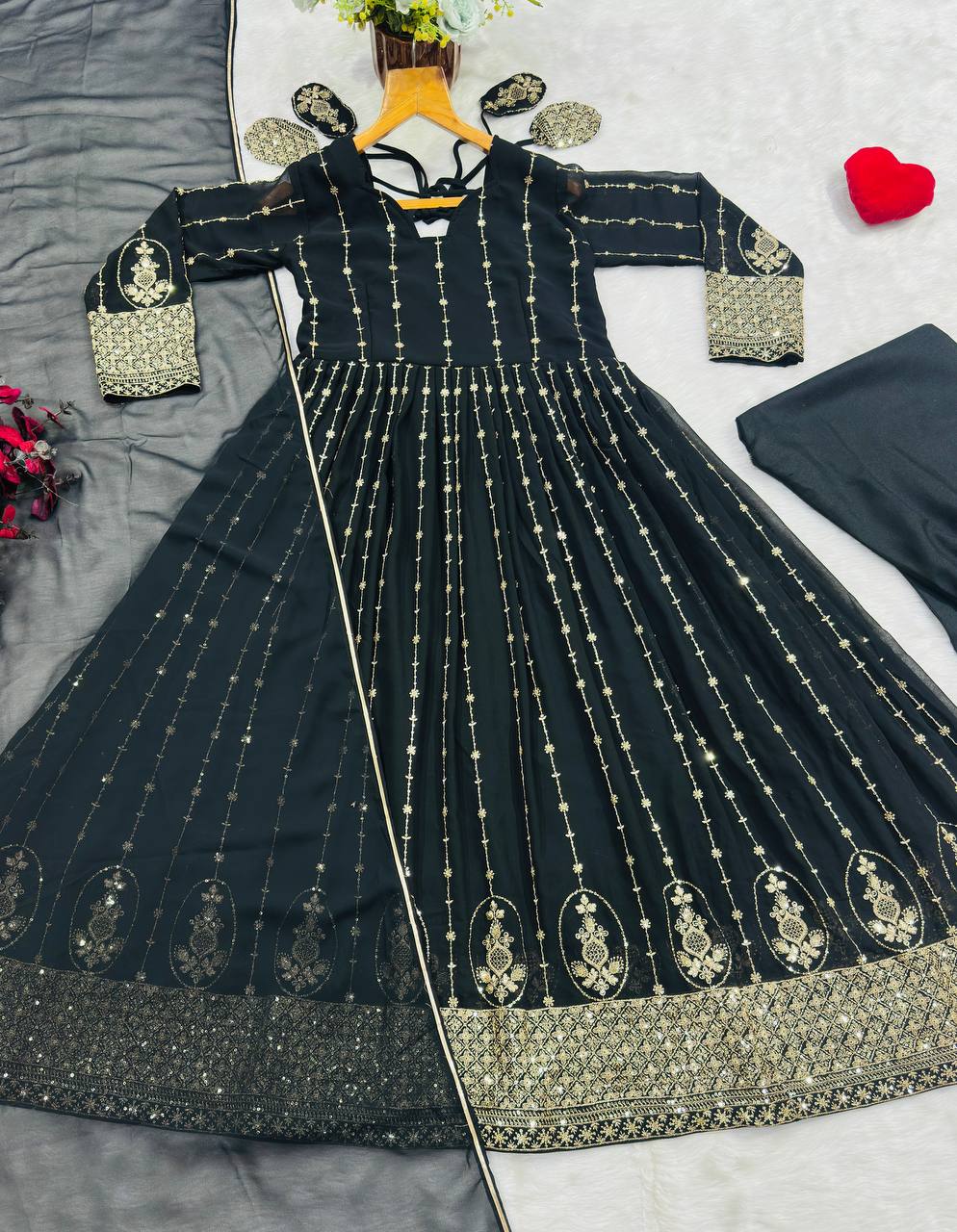 Black Embroidered Kali Cut Gown ClothsVilla