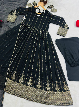 Black Embroidered Kali Cut Gown ClothsVilla