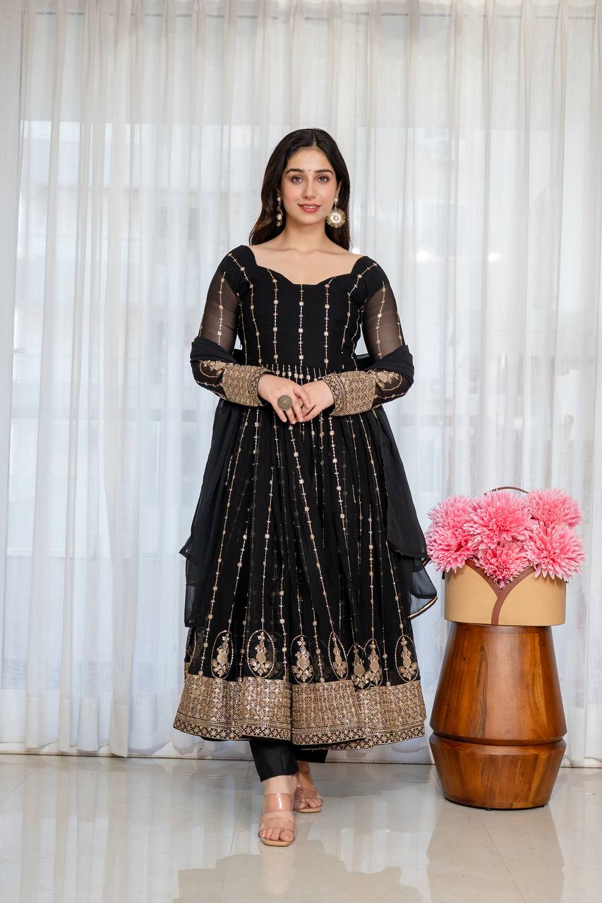 Black Embroidered Kali Cut Gown ClothsVilla