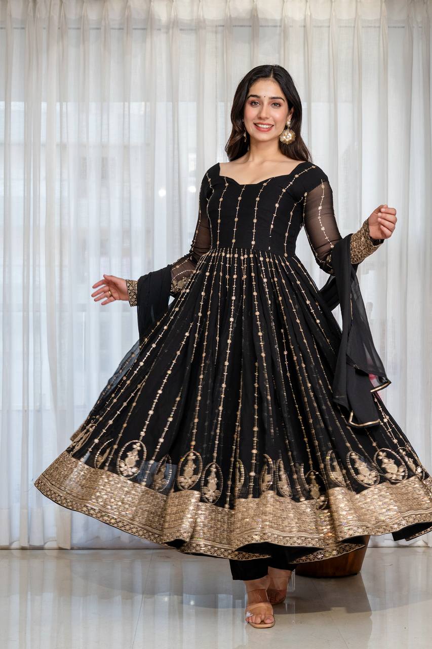 Black Embroidered Kali Cut Gown ClothsVilla