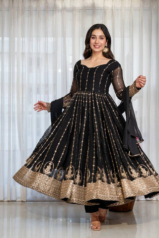 Black Embroidered Kali Cut Gown ClothsVilla