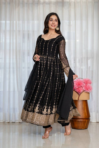 Black Embroidered Kali Cut Gown ClothsVilla