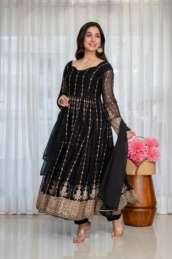 Black Embroidered Kali Cut Gown ClothsVilla