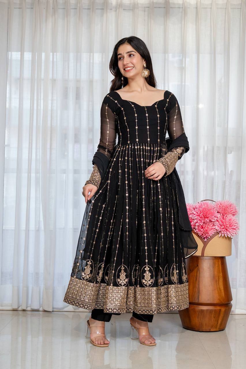 Black Embroidered Kali Cut Gown ClothsVilla