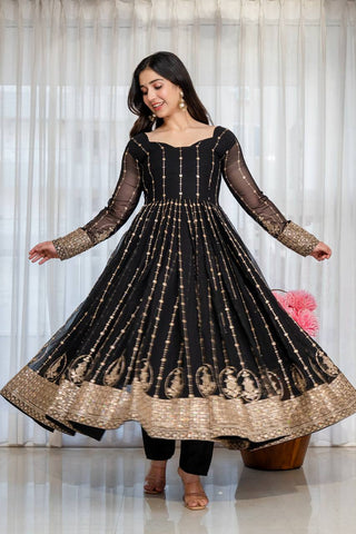Black Embroidered Kali Cut Gown ClothsVilla